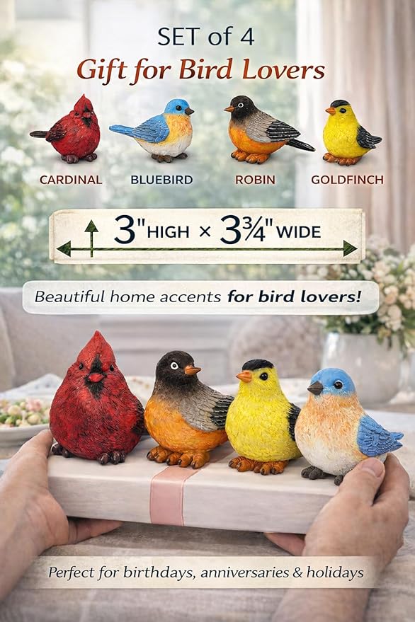 Songbird Garden Figurines Set of 4 – Cardinal, Bluebird, Goldfinch & Robin – Decorative Bird Statues for Home Décor, Spring Decorations, Crafting, Shelf Table Display – 3.75" W x 3" H