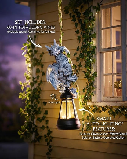 Nacome Dragon Outdoor Statues for Garden: 23.6" Gothic Mythical Guardian Sculpture for with Long Vine and Solar Lantern Enchanted Patio Porch Tree Yard Decor - Whimsical Gift for Mom Children