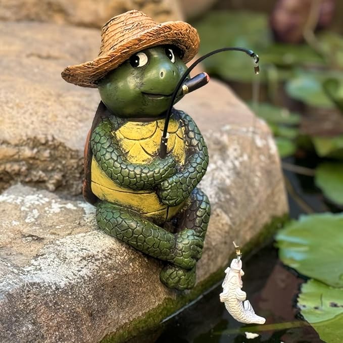 Garden Tortoise Pond Statue Decoration, Fishing Turtle Outdoor Statues for Koi Pond or Waterfall Decor, 9.5" Figurine Poolside Statue, Outdoor Decor, Gifts for Mom