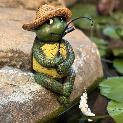 Garden Tortoise Pond Statue Decoration, Fishing Turtle Outdoor Statues for Koi Pond or Waterfall Decor, 9.5" Figurine Poolside Statue, Outdoor Decor, Gifts for Mom