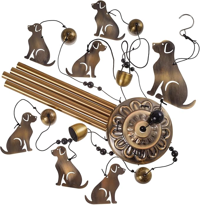 Garden Dog Wind Chimes Outdoor Indoor Decor - with 4 Tubes 7 Dogs Wind Chime, Mobile Romantic Wind Catcher, Bronze Wind Bells for Home, Mom Gifts, Balcony, Tree, Festival, Garden Decoration
