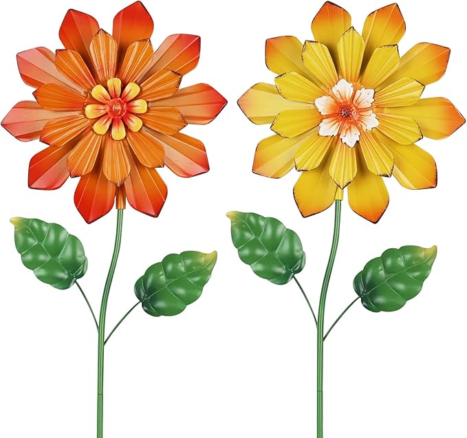 YEAHOME Garden Decor for Outside, Set of 2 Metal Flowers 23.6” Decorative Garden Stakes for Spring Decor, Yard Art Flower Stakes for Outdoor Lawn Backyard Porch Garden Decorations (Orange, Yellow)