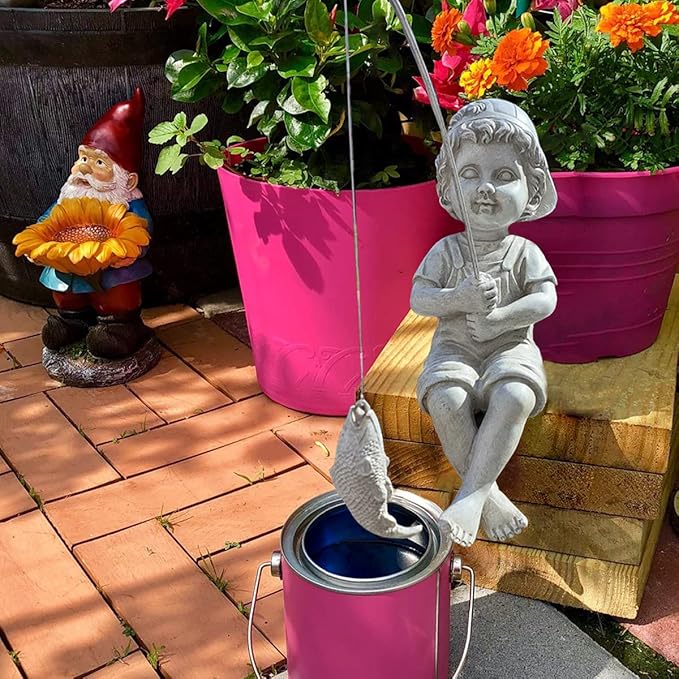 Goodeco Fisherboy Statue Garden Decor - 11" Little Fishing Guy for Koi Pond or Waterfalls, Poolside Statue with Glow in Dark Pebbles Included, Great Gifts for Mom, Women or Birthdays, Gift Ideas