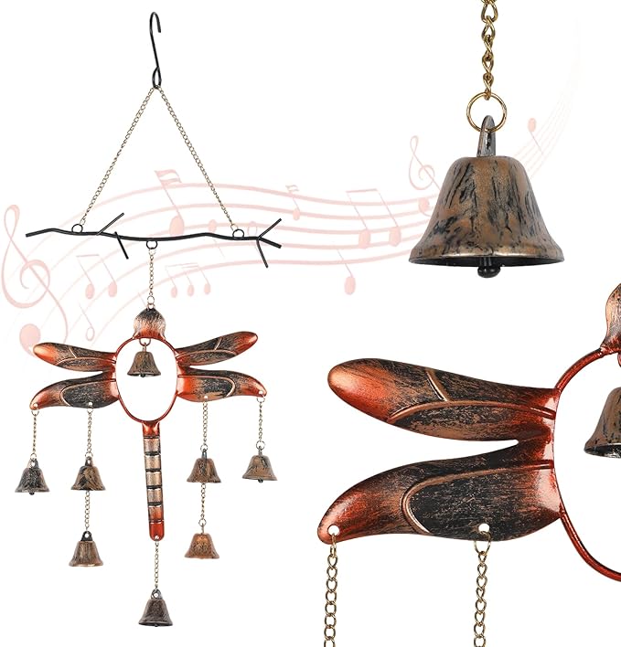 Dragonfly with Bells Wind Chime, Handcrafted Wind Chimes with 8 Bells (Flamed Finish), Outdoor Metal Hook Hanging Decor, Garden Decoration, Gardening Gifts, Decorative Hanging Garden Decor
