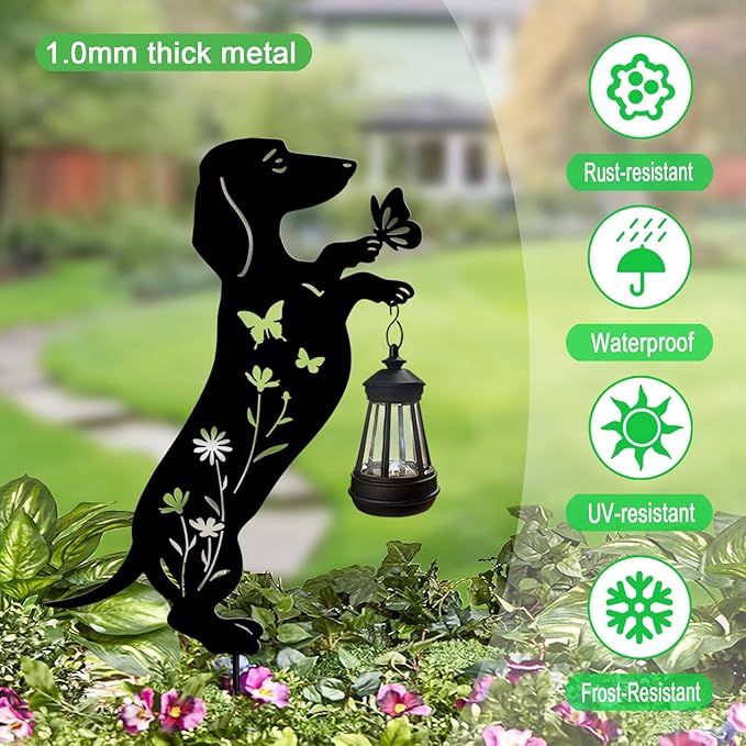 Solar Lights Outdoor Pathway,2 Pack Metal Dachshund Yard Decor with Solar Lantern Garden Stakes,Outside Decorations for Yard,Lawn,Patio,Perfect Dog Gifts for Women