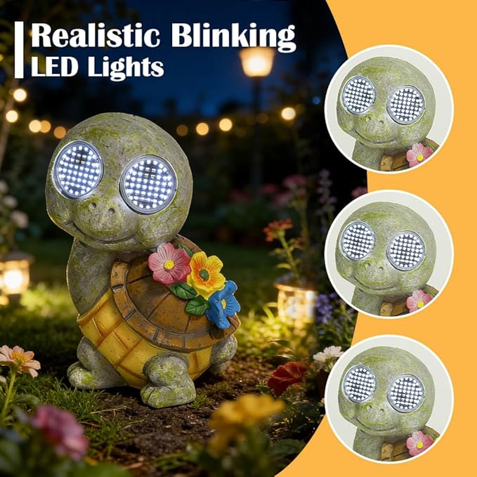 Solar Garden Statue with LED Lights, Dynamic Blinking Lights and Flowers, Outdoor Garden Figurine for Patio Porch Lawn Backyard Decor, Housewarming Gifts for Women (Turtle)