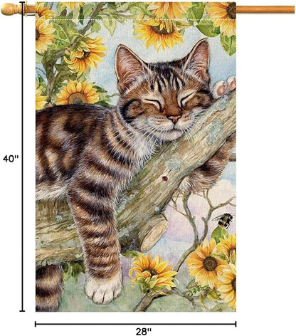 BLKWHT Summer Cat House Flag 28 x 40 Vertical Double Sided Yellow Sunflower Spring Farmhouse Holiday Outside Decorations Burlap Yard Flag BW640-40