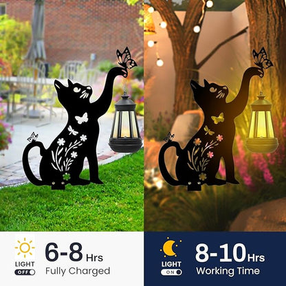 Black Cat Solar Lights Outdoor Garden - 2 Pack Solar Lights Outdoor Garden Decor Stake with Butterfly Decorative Metal Housewarming Ornament for Yard Lawn Patio – Unique Gift Ideas for Christmas
