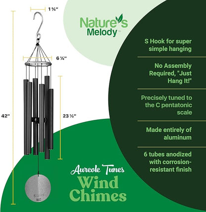 Nature’s Melody Aureole Tunes Wind Chimes – Outdoor Windchime with 6 Tubes Tuned to C Pentatonic Scale, 100% Rustproof Aluminum, Powder Finish & S Hook Hanger for Sympathy, Memorial Gift or Zen Garden