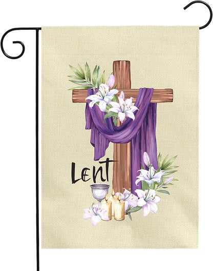 Lent Garden Flag 12x18 Inch Christian Easter Yard Flags with Cross Purple Cloth Lilies and Candles Religious Spring Outdoor Banner for Ash Wednesday Resurrection Faith Church Home Porch Decor