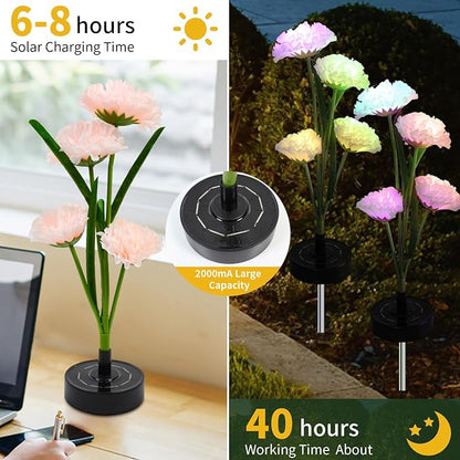 Solar Flowers Lights - Solar Garden Lights Outdoor Waterproof Carnations, 40 Hours Color Changing Solar Powered Outside Decor for Yard Patio Pathway Lawn, Gifts for Mom, 2pcs