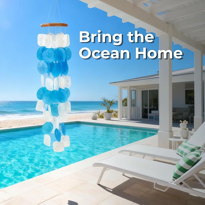 Solange & Frances Beach Decor Shell Wind Chimes for Outside, Sea Glass Wind Chimes, Gifts for a Beach Lover, Beachy Gifts for Women, Costal Decor, (Ocean Breeze)