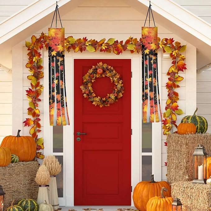 Falling Maple Leaves Windsock Hanging Flag Durable Fabric Polyester Wind Sock with Tails Patio Lawn Garden Tree Party Fall Thanksgiving Decoration