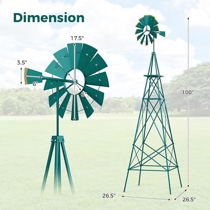 Tangkula 8.3FT Windmill Yard Garden Metal Ornamental Wind Mill Weather Vane Weather Resistant (Green)