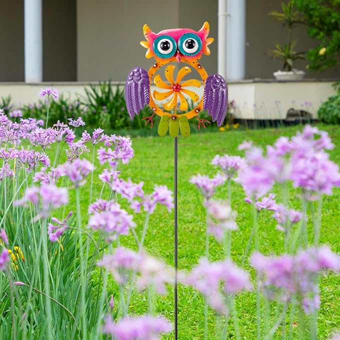 Oak & Lore Colorful Owl Wind Spinners Outdoor Metal Garden Wind Sculptures & Spinners with Stakes for Patio, Lawn, Backyard Outdoor Decor