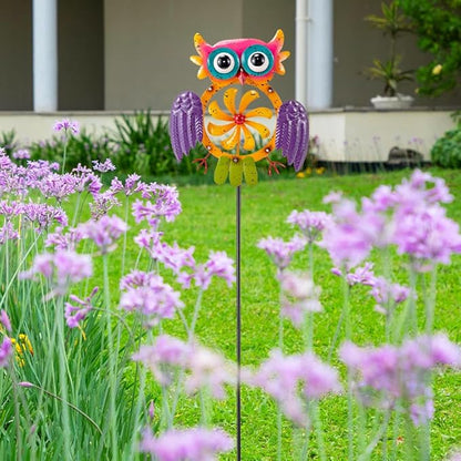 Oak & Lore Colorful Owl Wind Spinners Outdoor Metal Garden Wind Sculptures & Spinners with Stakes for Patio, Lawn, Backyard Outdoor Decor