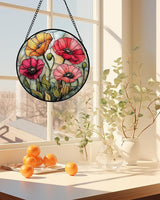 Stained Glass Suncatcher, Red Orange Poppy Flowers Sun Catcher Silver Background Wildflowers Window Hanging Decor Christmas Mother Birthday Gifts for Women Men Mom Nana 7.8 in
