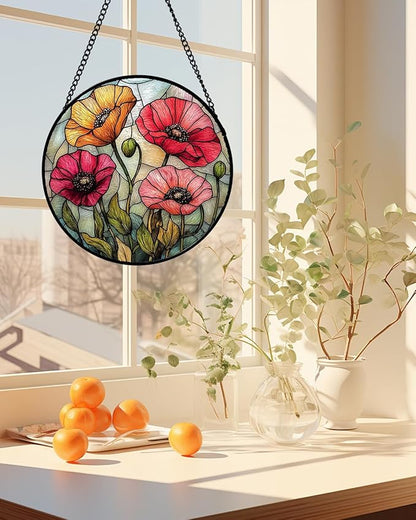 Stained Glass Suncatcher, Red Orange Poppy Flowers Sun Catcher Silver Background Wildflowers Window Hanging Decor Christmas Mother Birthday Gifts for Women Men Mom Nana 7.8 in