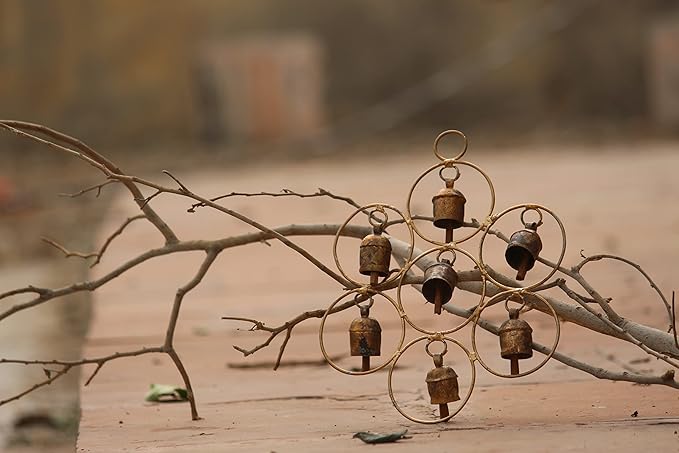 De Kulture Bell Metal Circular Ghantada Wind Chime Hanging Bells for Home Garden Balcony Decor Ideal for New Year Anniversary Birthday Party Decoration (Brown), 9X11.5 (DH) Inches