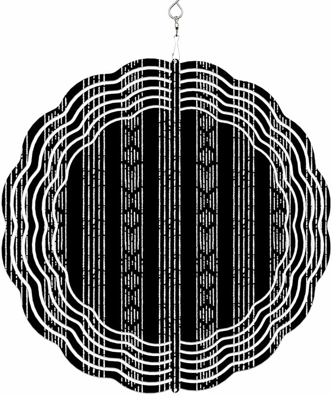Tribal Boho Geometric Stripes Round Wind Spinner 8", 3D Stainless Steel Wind Spinners for Yard and Garden Black Indoor Outdoor Metal Hanging Craft Ornaments for Porch Lawn Home Party Decoration