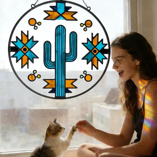 8" Sun Catcher Stained Glass Stained Glass Window hangings - Saguaro Cactus Navajo Geometric Design - Southwest Desert Style Decor for Home & Porch