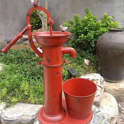 Vintage Garden Water Pump Decor, Rustic Wrought Iron Bird Bath, Red, Blue, White, Rust, Outdoor Yard Decor, Height 22 Inches (red)