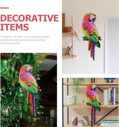 Didiseaon Colorful Tropical Macaw Wall Sculpture Parrot on Branch Statues Metal Art Hanging Ornament for Outdoor Garden Kitchen Decor