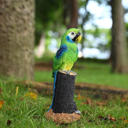 Macaw Parrot Garden Statue, 10.6" Hand-Painted Tropical Bird Figurine, Decorative Art Deco Accent for Patio and Home, Lifelike Design (Green)