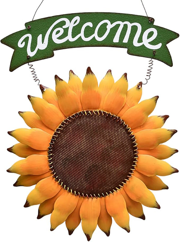 Sunflower Welcome Sign Metal Hanging Welcome Plaque for Wall Front Door - Decorative Flower Yard Signs Spring Wreath Decor for Garden Porch Patio Backyard (F)