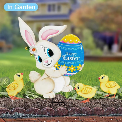 Easter Decorations Outdoor,4 Pack Metal Egg Bunny Yard Signs for Outside,Cute Easter Chick Decorations Garden Stakes for Lawn,Yard,Rabbit Gifts for Women