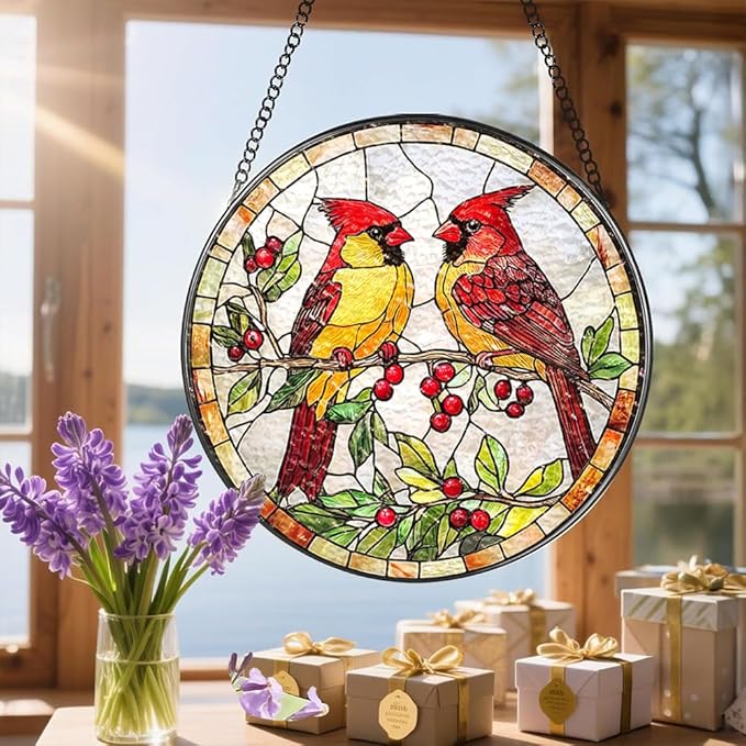 Stained Glass Suncatcher Window Hanging, 7.8 Inch Handmade Sunflower Garden suncatchers, Suncatcher Home Decor,Gift for Women, Mom, Grandma (Bird)