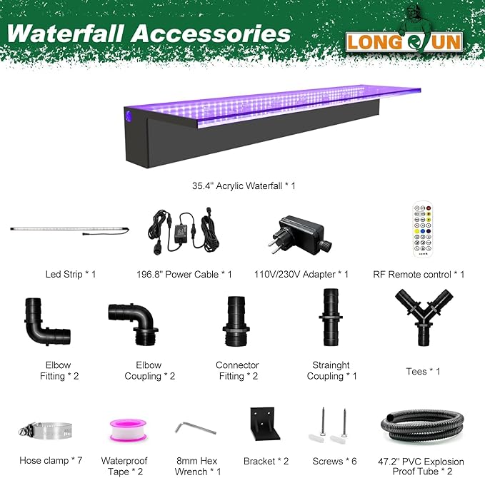 LONGRUN 90cm Pond Waterfall Blade,Acrylic Pool Fountain with RGB Bluetooth LED Light, Complete Waterfall & Stream Kits for Outdoor Water Features