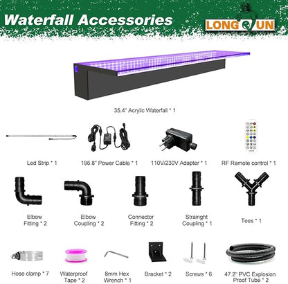 LONGRUN 90cm Pond Waterfall Blade,Acrylic Pool Fountain with RGB Bluetooth LED Light, Complete Waterfall & Stream Kits for Outdoor Water Features