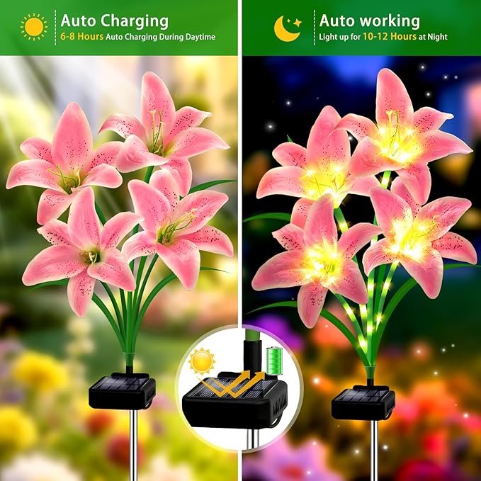 Solar Garden Lights 4 Pack 16 Pink Lily Flowers,Gifts for Mom Woman Birthday Outdoor Solar Flower Lights, Cemetery Flowers for Grave - Decorative Lilies for Yard, Patio, Pathway Decorations