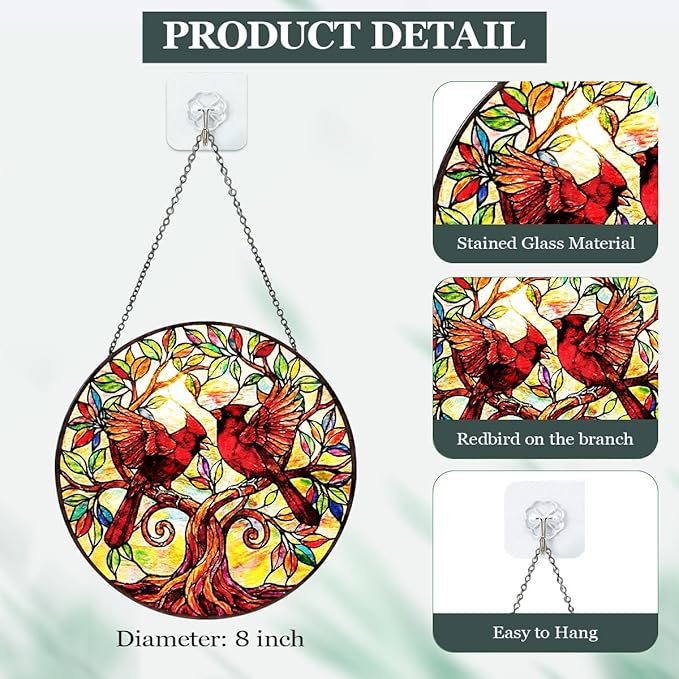 Cardinal Bird Stained Glass Window Hanging – Round Tree Branch Suncatcher with Chain, Colorful Glass Ornament for Living Room Home Garden Decor Gift, 8 Inch