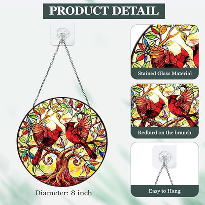 Cardinal Bird Stained Glass Window Hanging – Round Tree Branch Suncatcher with Chain, Colorful Glass Ornament for Living Room Home Garden Decor Gift, 8 Inch
