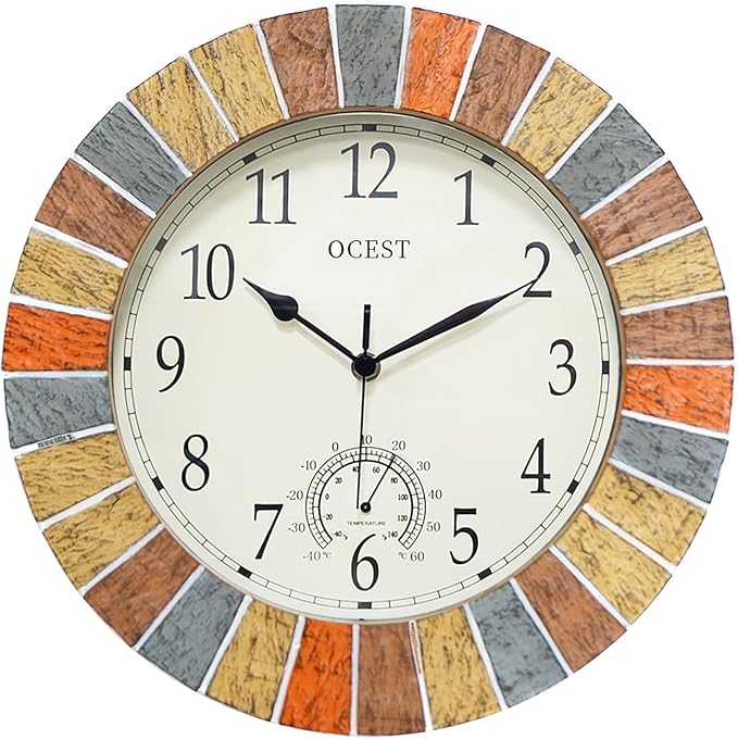OCEST 13 Inch Indoor Outdoor Clock Waterproof with Thermometer, Weather-Resistant Non-Ticking Battery Operated Decor Clock for Patio, Pool, Lanai, Fence, Porch, Garden (Yellow)