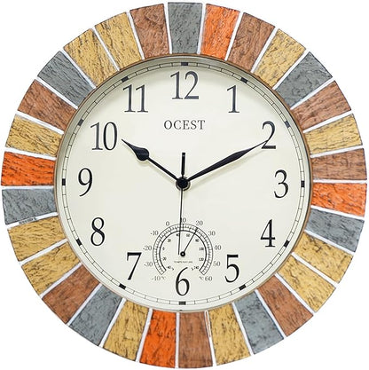 OCEST 13 Inch Indoor Outdoor Clock Waterproof with Thermometer, Weather-Resistant Non-Ticking Battery Operated Decor Clock for Patio, Pool, Lanai, Fence, Porch, Garden (Yellow)