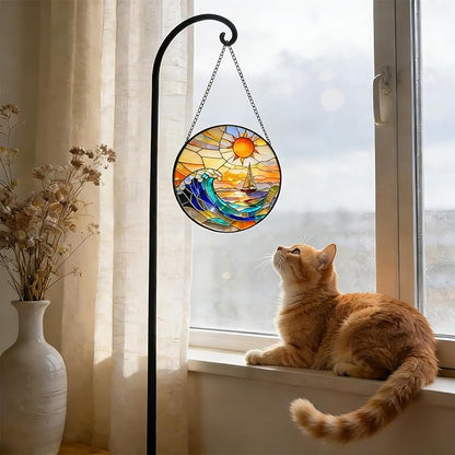 7.8 Inch Stained Glass Window Hanging, Sailboat & Sunset Waves Suncatcher, Blue and Orange Sky Diamond Glass Panel Landscape Decor for Women, Men, Wife, Aunt, and Mom