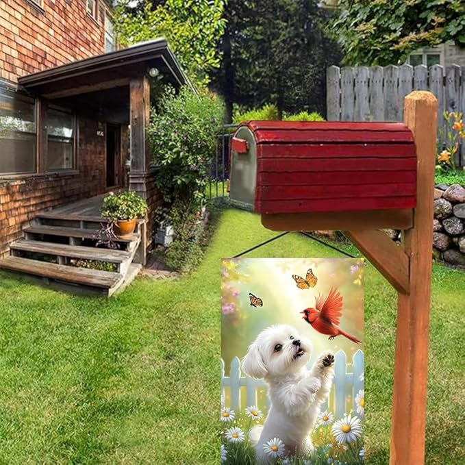 Spring Summer Maltese Dog Garden Flags 12x18 Double Sided, Small Burlap Seasonal Cardinal Floral Garden Flag Spring Summer Outdoor Yard Decorations for Outside Lawn Decor