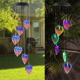 American Flag Solar Wind Chimes, Heart-Shaped Love Patriotic Wind Chime Color Changing Solar Lights for Garden Patio Home Decor