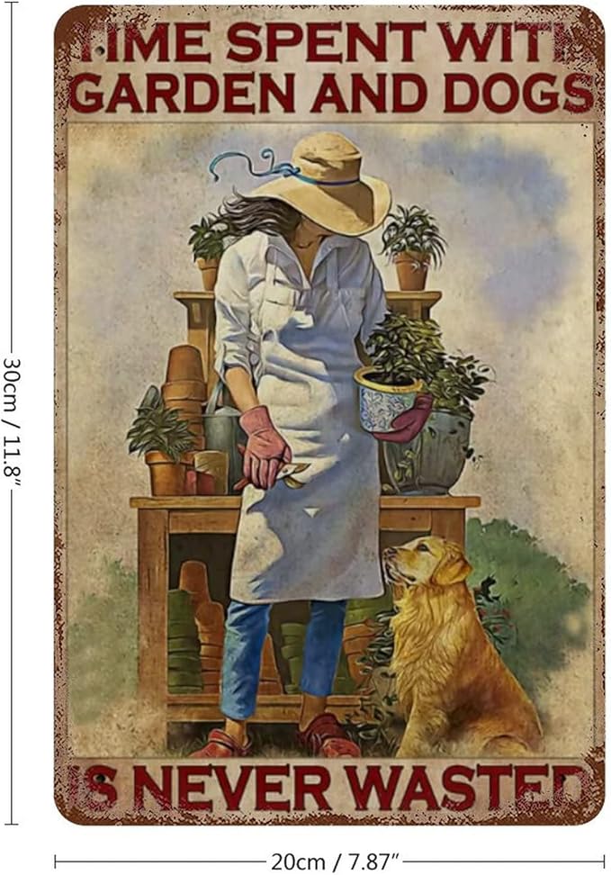 Metal Tin Vintage Sign Gardening Metal Poster Time Spent with Garden and Dogs is Never Wasted Art Print, Lovely Girl and Dogs Garden Wall Decor Vintage Aluminum Sign 12x8 inhces