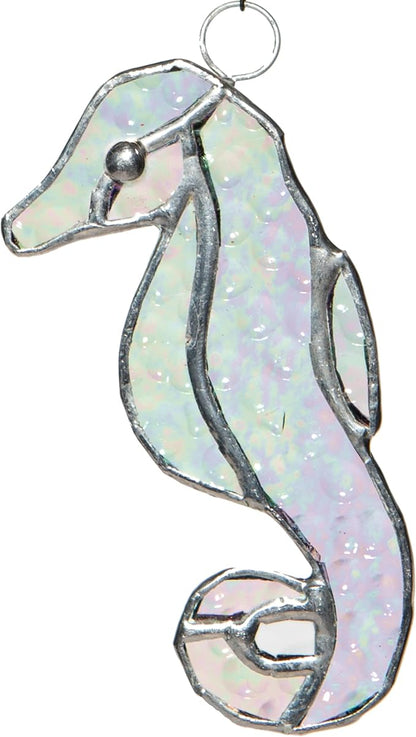 Stained Glass Ornament Seahorse Decor 3.5" x 1.5" Iridescent Suncatcher for Window Hangings Sea Glass Ocean Animal Tiffany Figurines Sun Catcher Garden - Beach Themed Office Home Decor