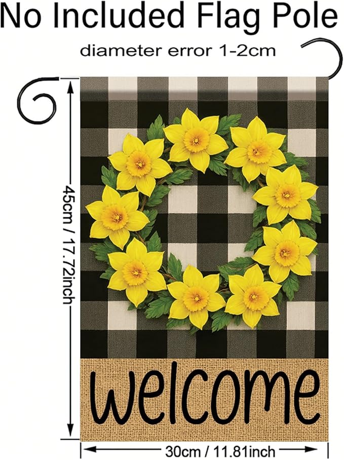 Buffalo Plaid Welcome Wreath Garden Flag Yellow Daffodil Flower Flag 12×18 Inch Double Sided Spring Outdoor Decor Welcome for Porch Patio Lawn Yard Farmhouse Seasonal Outside