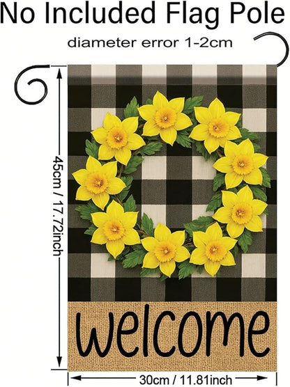Buffalo Plaid Welcome Wreath Garden Flag Yellow Daffodil Flower Flag 12×18 Inch Double Sided Spring Outdoor Decor Welcome for Porch Patio Lawn Yard Farmhouse Seasonal Outside