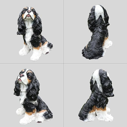 Cavalier King Charles Spaniel Dog Garden Statue with Solar Lantern, Interchangeable Welcome & On Patrol Signs, Resin Puppy Outdoor Decor Sculpture Lawn Ornament for Patio Yard Porch Gifts