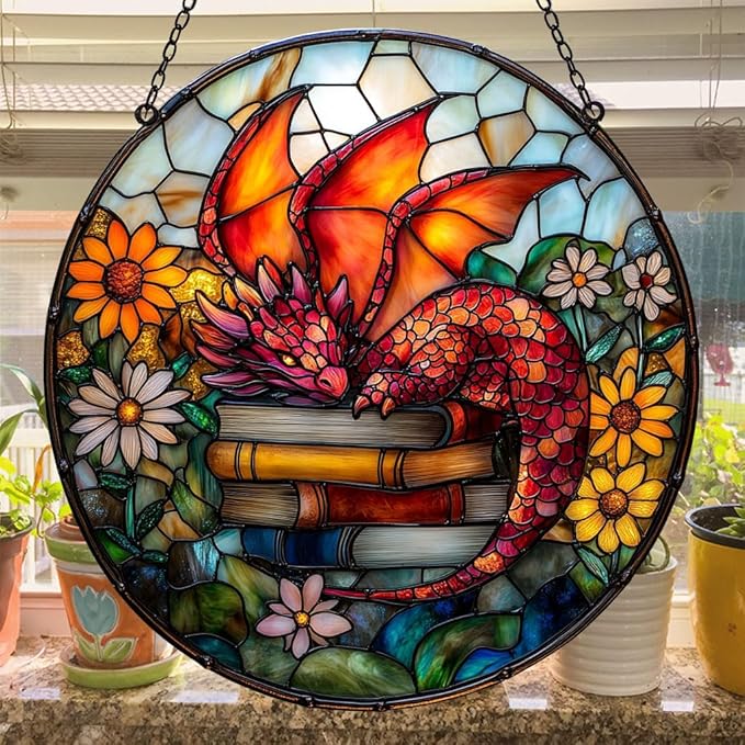 Sleeping Dragon on Books Acrylic Suncatcher Stained Glass Effect Window Car Hanging Christmas Ornament Indoor Outdoor Decor Garden Sun Catcher Panel for Book Lover for Women Mom Grandma