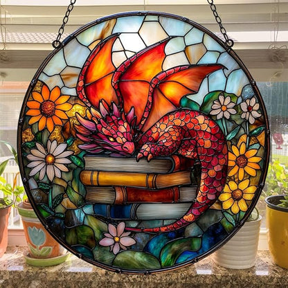 Sleeping Dragon on Books Acrylic Suncatcher Stained Glass Effect Window Car Hanging Christmas Ornament Indoor Outdoor Decor Garden Sun Catcher Panel for Book Lover for Women Mom Grandma