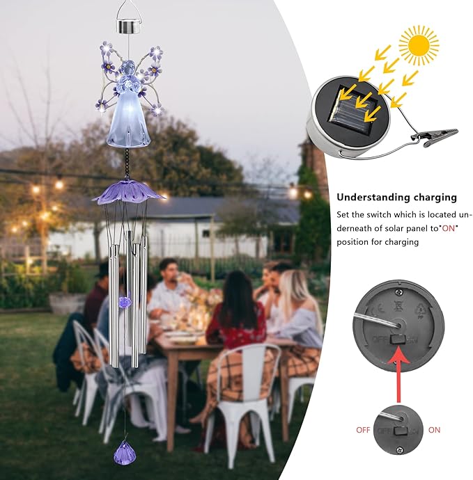 Solar Angel LED Wind Chimes for Outdoor Garden Decoration - Waterproof Hanging Lights for Window, Gazebo, Patio - Gifts for Women (Purple)