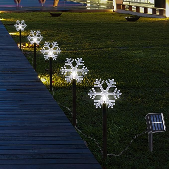 Christmas Snowflake Pathway Lights, 5 Pack Solar Christmas Stake Markers with Cool White Fairy Lights for Outdoor Holiday Walkway Patio Garden Decoration